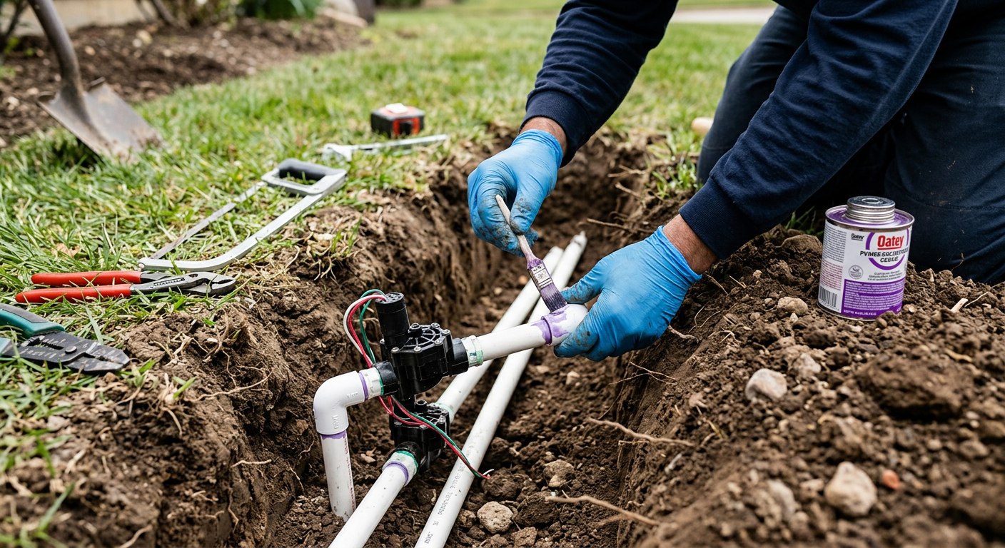 Technician repairing an irrigation line