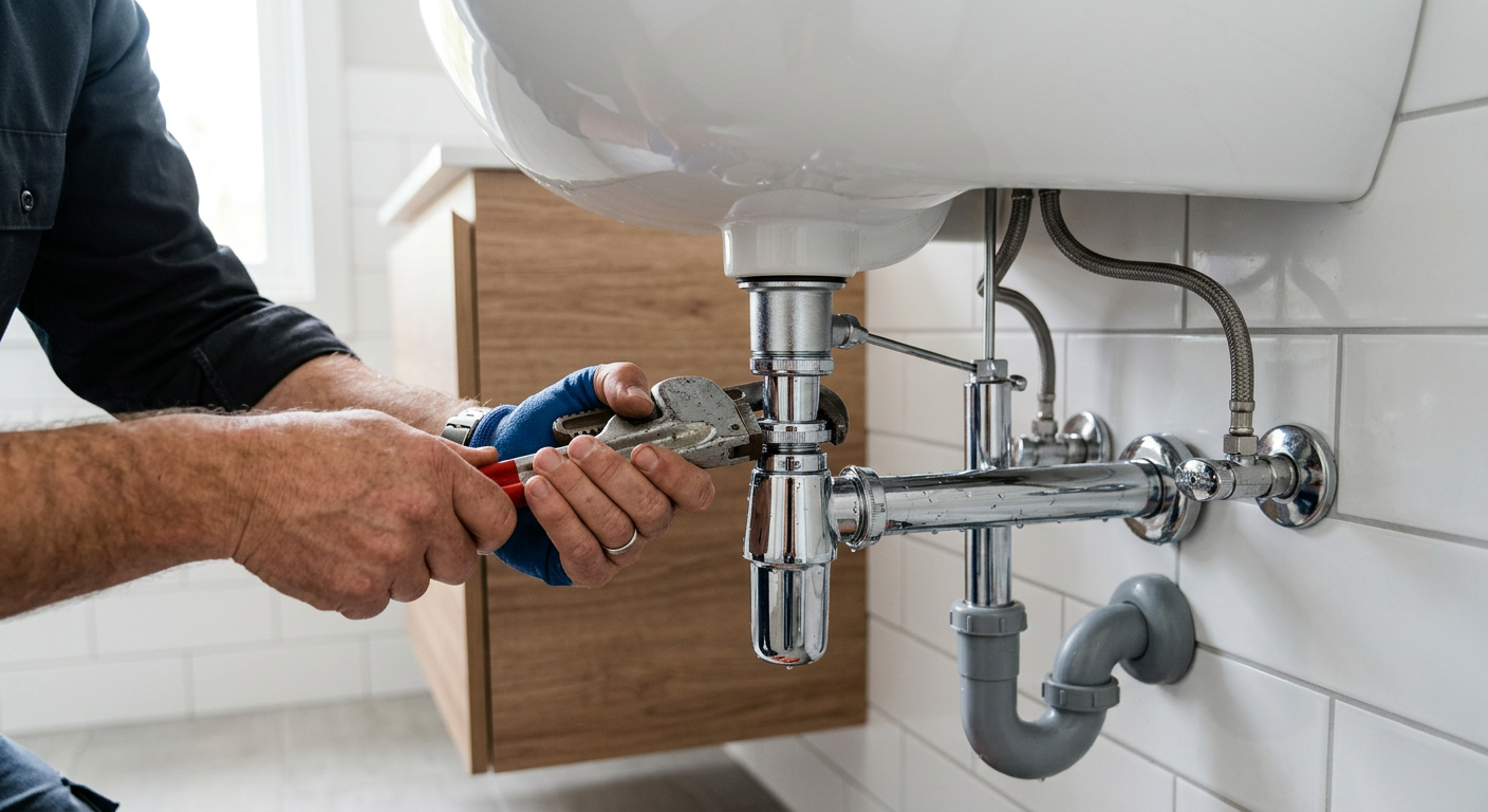 Plumber tightening pipes under a sink
