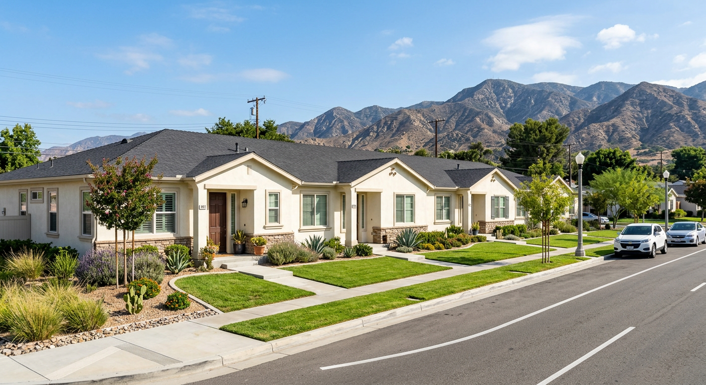 Row of well-kept rental homes with landscaped lawns